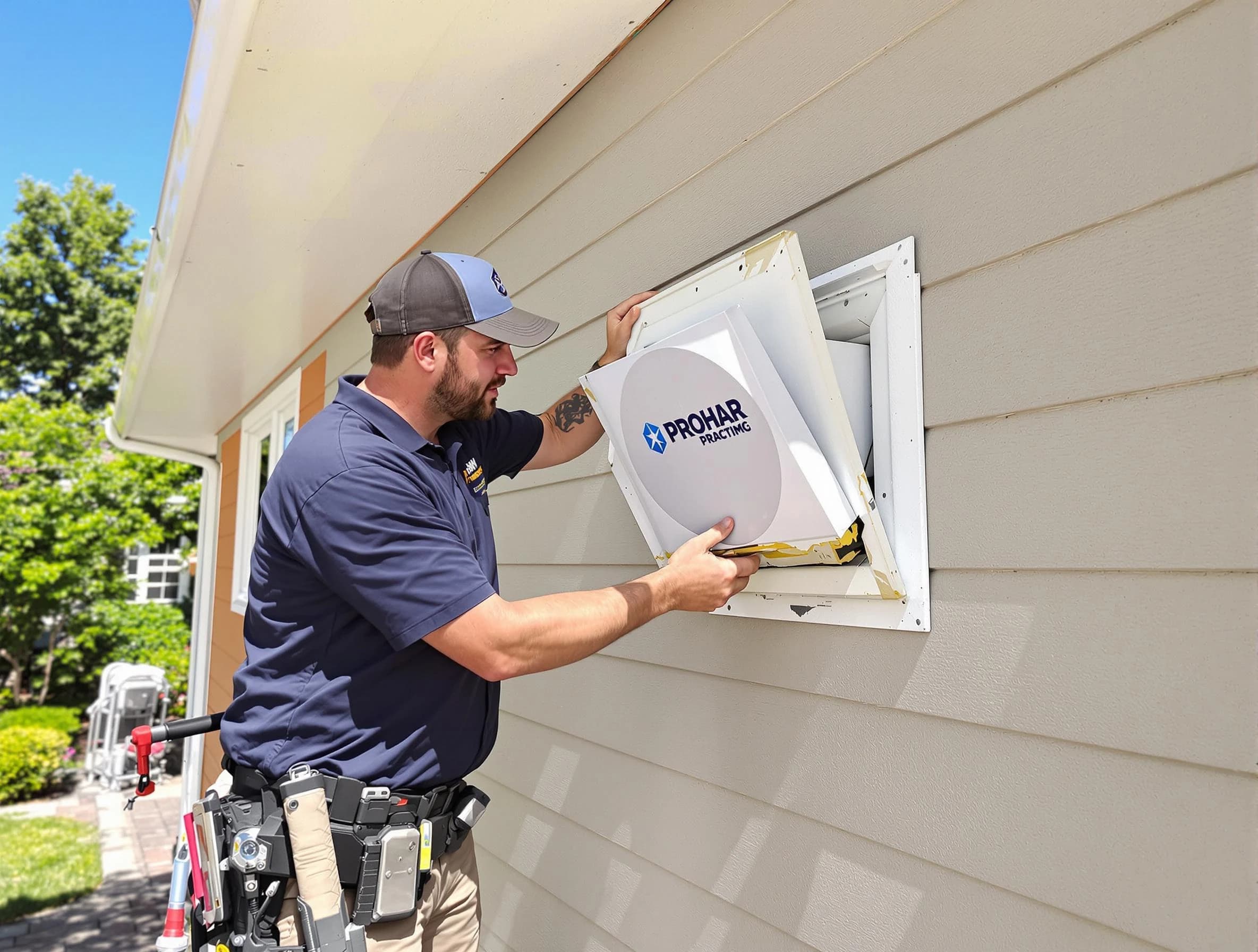 Pawtucket Dryer Vent Cleaning technician installing a new protective dryer vent cover on a home in Pawtucket
