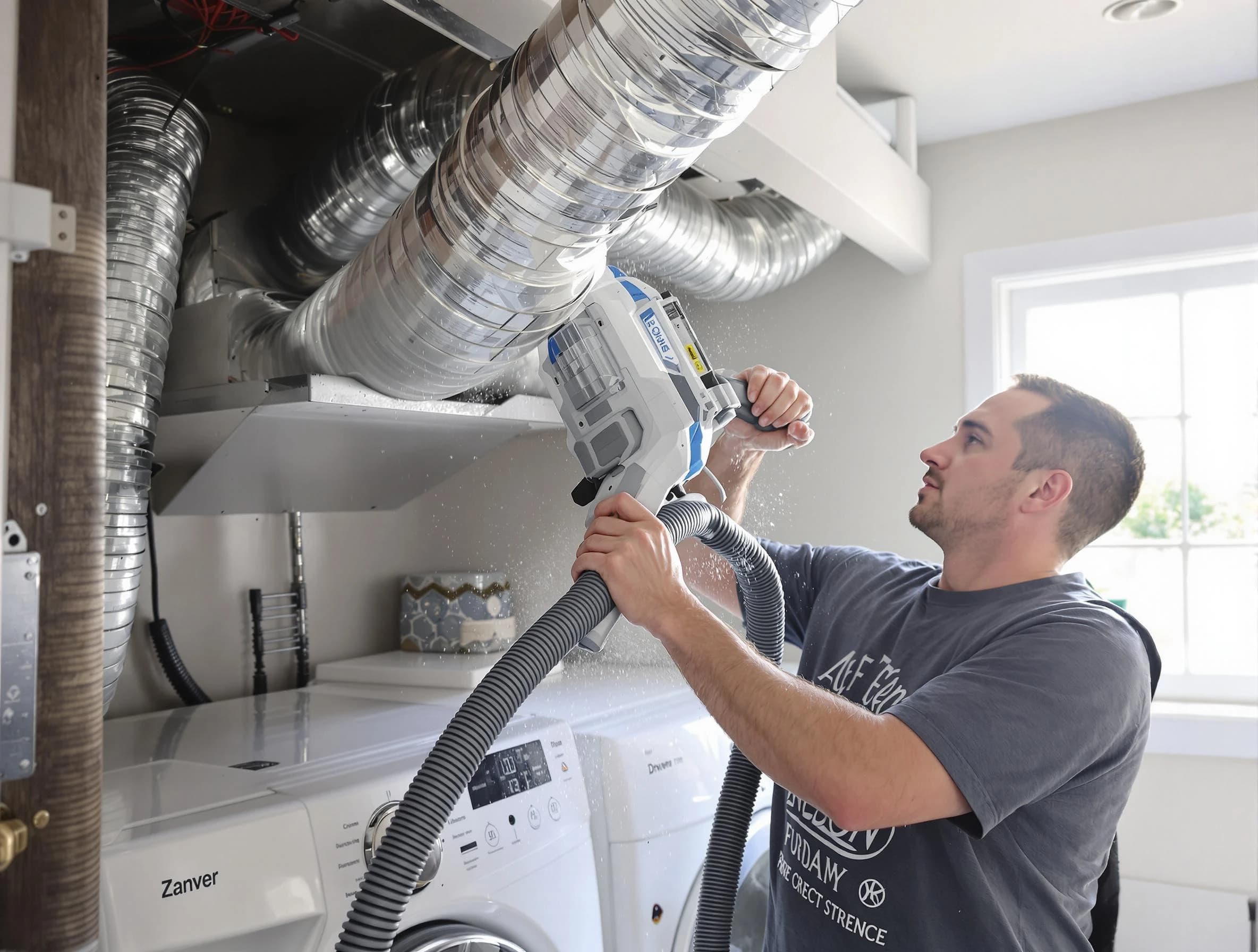 Pawtucket Dryer Vent Cleaning specialist cleaning deep within a dryer vent duct system in Pawtucket