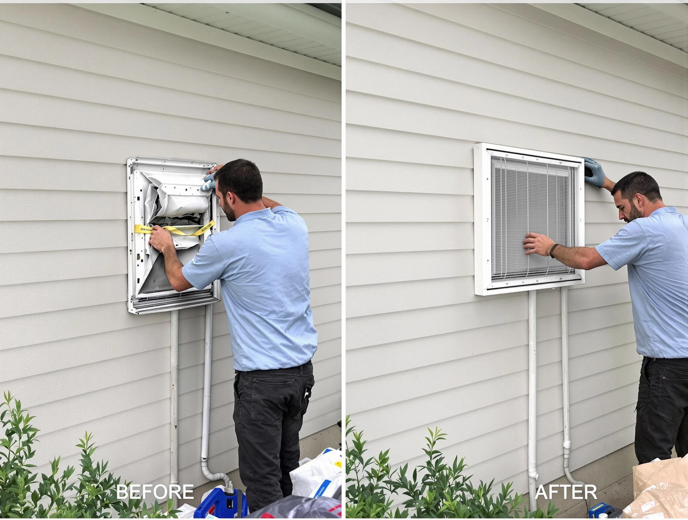 Pawtucket Dryer Vent Cleaning technician installing high-quality dryer vent cover at a residential property in Pawtucket